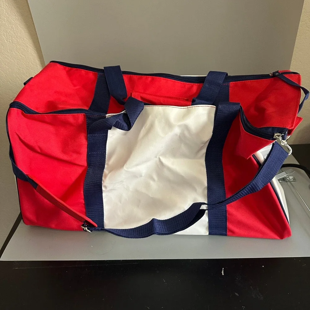 Lacoste L!VE Parfums Red White Blue Duffel Bag Travel Gym Weekender Strap